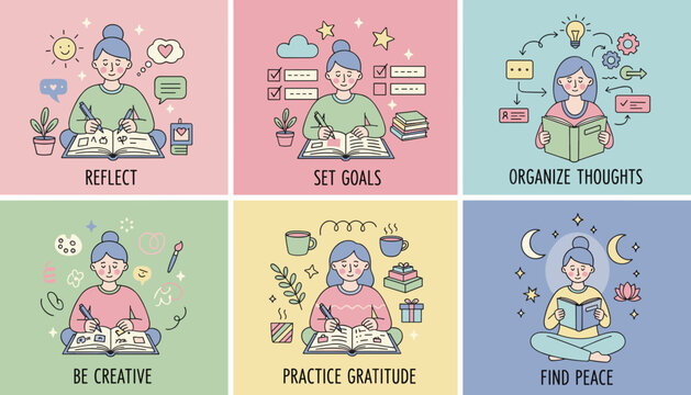 Six vector illustrations depicting selfcare and mental health practices journaling goals gratitude and peace