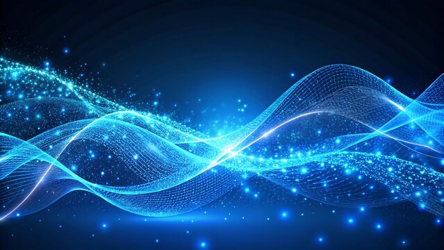 Abstract blue digital wave with glowing particles on dark background