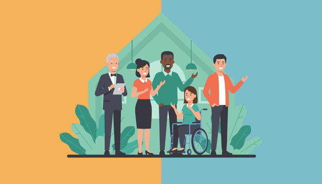 Diverse group illustration in front of a house representing community business and inclusion