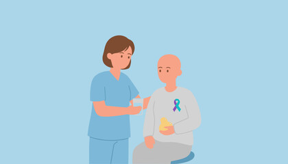 Nurse supports a bald patient with cancer ribbon offering water and compassionate medical care