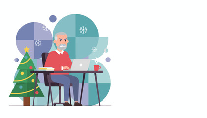 Stressed older man works on laptop near a Christmas tree Holiday work pressure concept