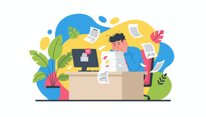 Exhausted office worker facing overwhelming workload and deadlines struggling with stress