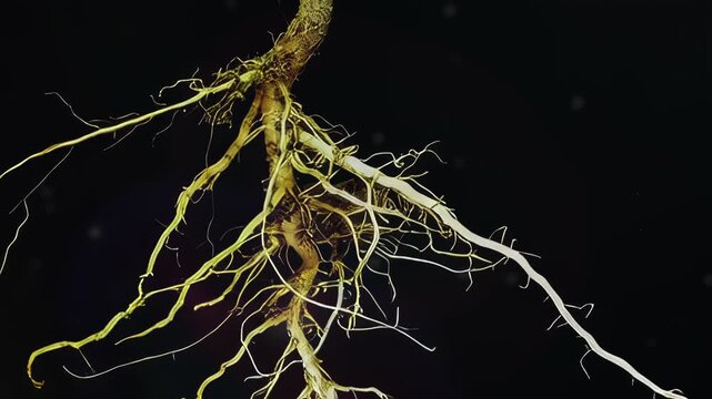 CGI 3D Model of Ragweed (Ambrosia) Root System rotating 360 degrees, scientific illustration showing plant morphology