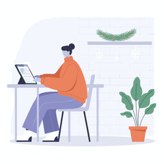 Winter remote work person using tablet at a decorated desk for business or study