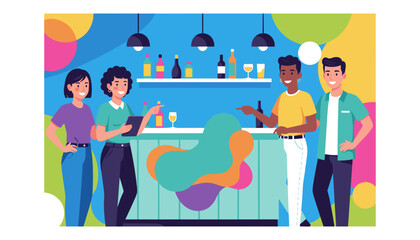 Diverse group socializing at a colorful bar counter Hospitality and leisure concept
