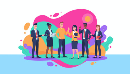 Diverse business team collaborating and exchanging ideas in a colorful modern abstract setting