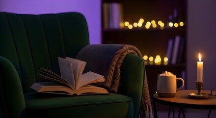 Cozy winter evening scene with an open book on a green armchair, a warm blanket, a candle, and a mug of hot chocolate with marshmallows