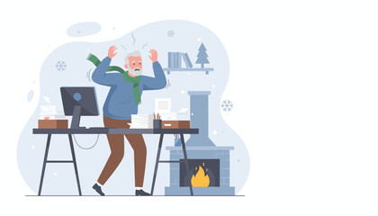 Overwhelmed man stressed by winter deadlines and heavy paperwork in a cold office