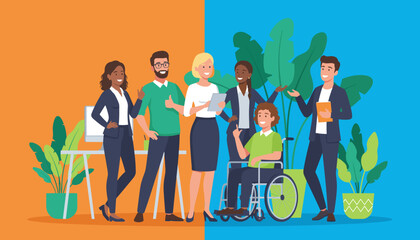 Diverse team collaborating in an inclusive modern office Workplace unity and equity