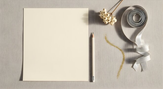 Elegant stationery mockup with blank card, pencil, ribbon, and dried flowers, perfect for showcasing designs and messages - Powered by Adobe