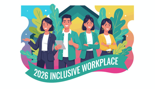 Diverse team standing together under an Inclusive Workplace 2026 banner - Powered by Adobe