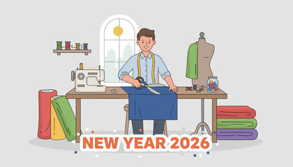 New Year 2026 Male artisan cutting fabric in sewing studio small business concept