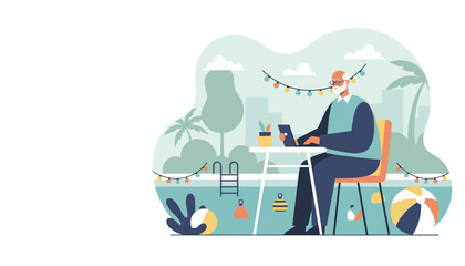 Elderly man working poolside on laptop embracing remote work and modern retirement