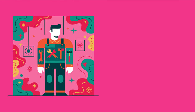 Professional handyman illustration with wrench and hammer on a vibrant pink background