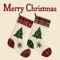 Plaid Santa Claus and Christmas stocking with red-green polka dot tree toppers on cream background, "Merry Christmas" bold text header