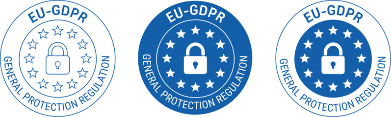 EU GDPR General Data Protection Regulation badge vector set with European stars and padlock icon for digital compliance.