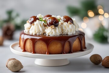 buttery bundt cake features a dramatic dripping caramel glaze cascading down the grooved sides