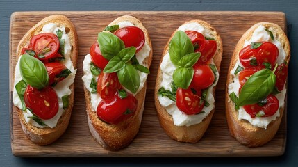 Italian bruschetta toasts with fresh cherry tomatoes mozzarella basil

