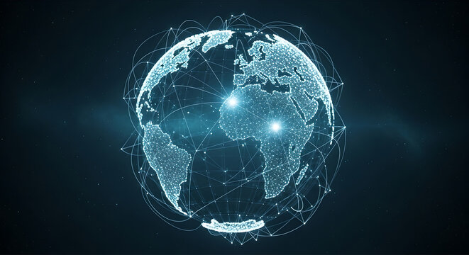 Digital Particle Earth Hologram Connected by Global Network Lines. Futuristic Technology