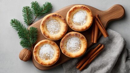  flat lay of four round mini pies dusted with powdered sugar, arranged on a wooden serving board with bundles of cinnamon sticks, evergreen pine sprigs, and a whole walnut.