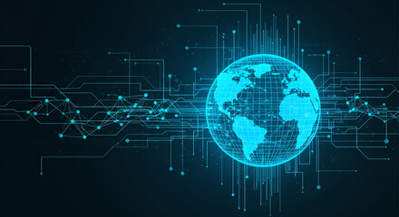 Digital Globe on Circuit Board Background. Global Technology, Data Flow, and IT Infrastructure