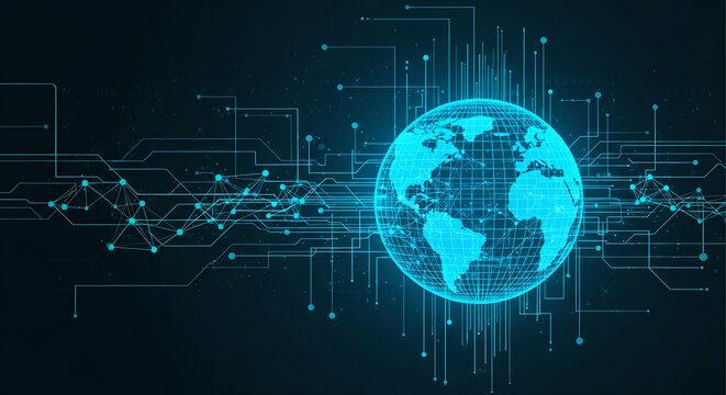 Digital Globe on Circuit Board Background. Global Technology, Data Flow, and IT Infrastructure