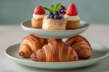 three tiered pastel blue-green ceramic serving tray display French bakery pastries cafe brunch