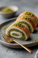 turkish Middle Eastern baklava dessert presented as rolled spiral sliced cross-section showcasing delicate paper thin phyllo filo dough 