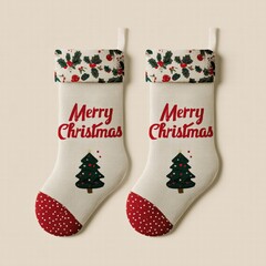 Plaid Santa Claus and Christmas stocking with red-green polka dot tree toppers on cream background, "Merry Christmas" bold text header