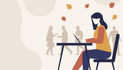 Remote worker using laptop outside during fall season amidst busy city life