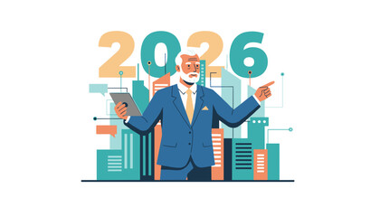 Senior businessman planning future strategy for 2026 amidst urban growth using digital tech