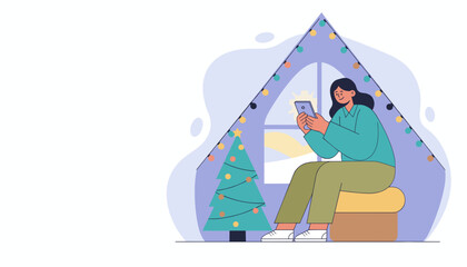 Woman using smartphone by festive Christmas tree indoors Holiday connectivity and relaxation