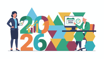 Corporate women planning 2026 goals Future strategy financial growth and time management illustration