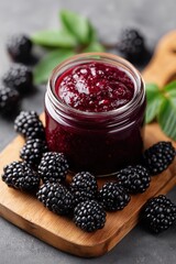 Artisan homemade blackberry jam fruit preserve in open clear glass mason jar with metal screw