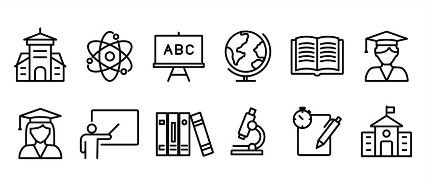 Editable Education Line Icon Set. Modern thin line style vector illustrations for school icons: subjects, supplies, science, and online learning. Transparent background. Editable stroke.