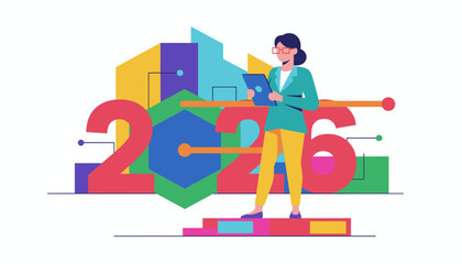 Strategy planning for 2026 Businesswoman with tablet analyzes data among colorful geometric graphics