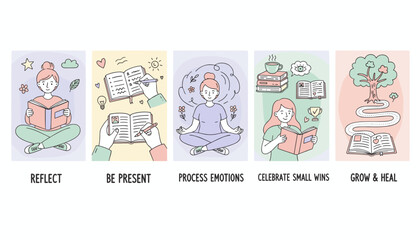 Personal growth routine reflect journal meditate celebrate Cute handdrawn selfcare concept