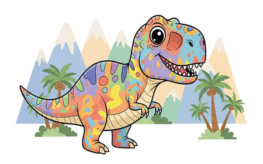 Colorful Tyrannosaurus Rex Illustration: A vibrant Tyrannosaurus Rex illustration with a colorful coat roams a whimsical landscape, with playful and childlike energy.