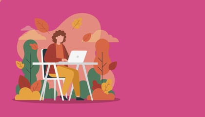 Remote worker using laptop outdoors surrounded by autumn foliage Flat vector illustration