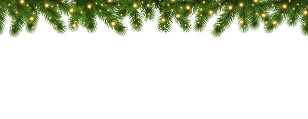 Seamless decorative Christmas border with coniferous branches and glowing warm lights on transparent background ideal for festive banners, greeting cards, and holiday-themed designs.
