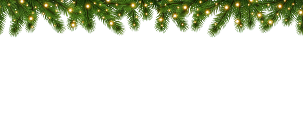 Seamless decorative Christmas border with coniferous branches and glowing warm lights on transparent background ideal for festive banners, greeting cards, and holiday-themed designs.