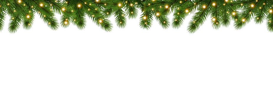 Seamless decorative Christmas border with coniferous branches and glowing warm lights on transparent background ideal for festive banners, greeting cards, and holiday-themed designs.