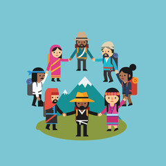 Fototapeta premium Diverse people stand in a circle holding hands around a small mountain illustration.