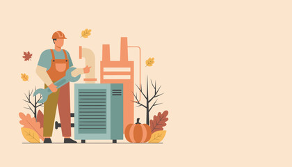 Professional HVAC technician repairing industrial heating system during autumn maintenance in flat design