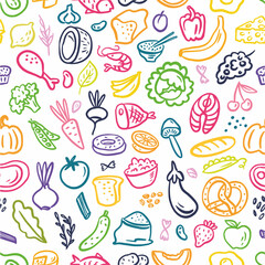 Vector seamless pattern from healthy food collection, hand drawn in doodle style
