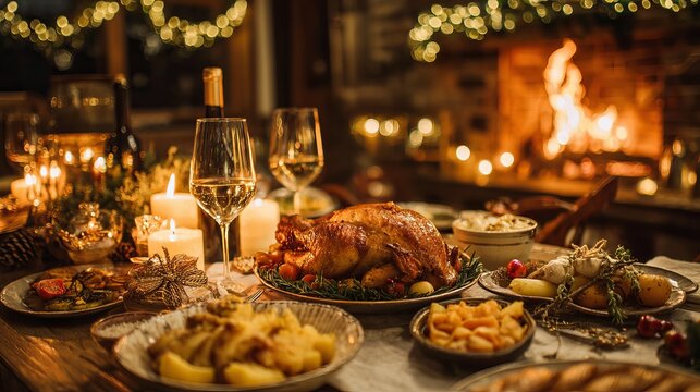 Warm, inviting holiday feast with roasted turkey, wine, and glowing fireplace creates cozy, celebratory atmosphere for family gatherings