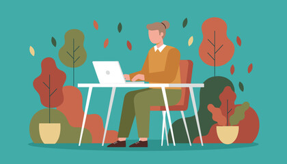 Fall remote work Person typing on laptop in a stylized natureoffice setting
