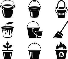 Bucket Icon Set  Cleaning, Gardening, and Utility Silhouette Collection Water and Paint Bucket Icons  Household and Industrial Tool Vector Set