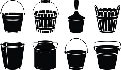 Bucket Icon Set  Cleaning, Gardening, and Utility Silhouette Collection Water and Paint Bucket Icons  Household and Industrial Tool Vector Set
