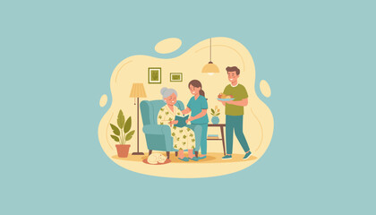 Happy senior woman receiving attentive home care from nurse and family in a comfortable living room